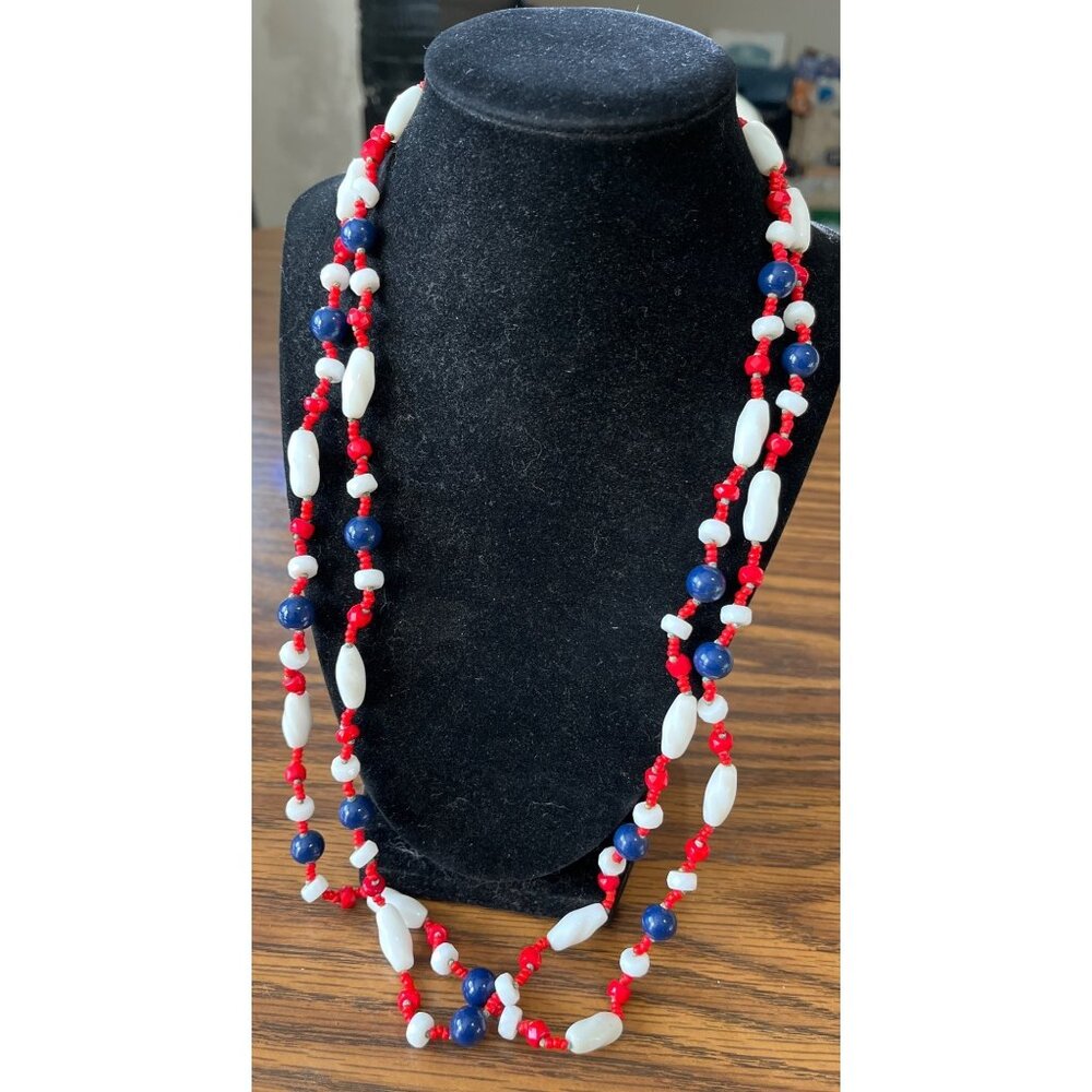 Miriam Haskel vintage red white blue beaded necklace